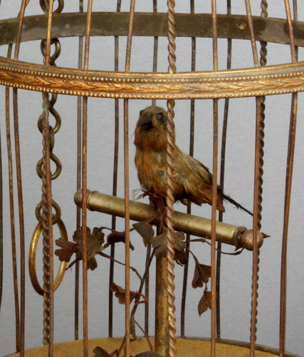 Antique small single singing bird-in-cage, by Bontems