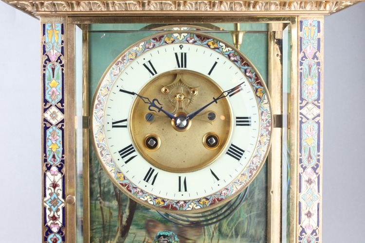 Rare antique gilt metal and champleve enamel timepiece-actuated singing bird, by Bontems