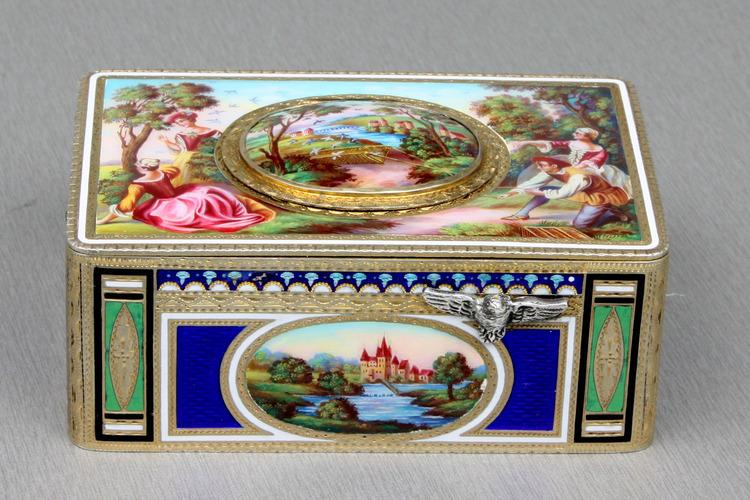 Antique silver-gilt and full painted enamel singing bird box, by Karl Griesbaum,