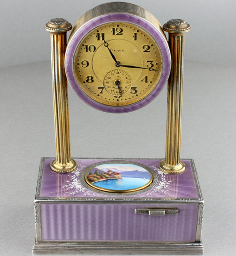 Vintage silver-gilt, guilloche lilac enamel and pictorial enamel timepiece alarm-actuated singing bird box, by C. H. Marguerat