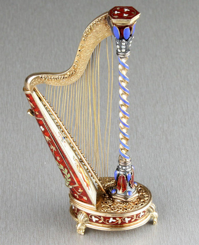 Gold, enamel and split seed pearl embellished musical harp with hidden scent bottle