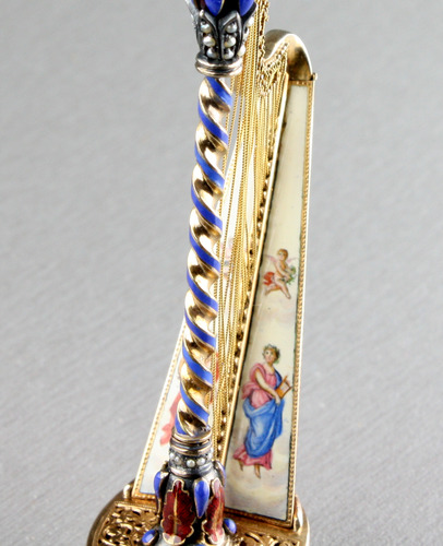 Gold, enamel and split seed pearl embellished musical harp with hidden scent bottle