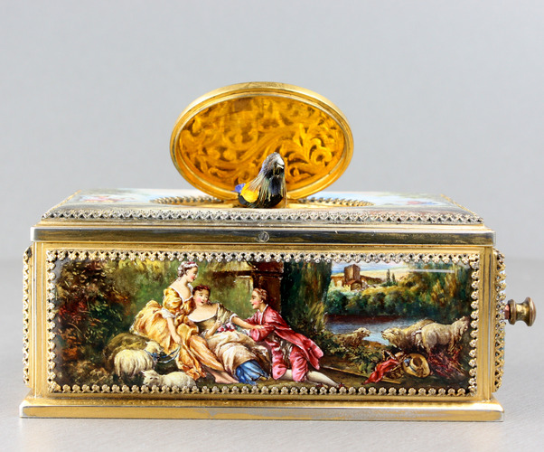 Fine vintage Viennese enamel and gilt metal singing bird box, by Karl Griesbaum