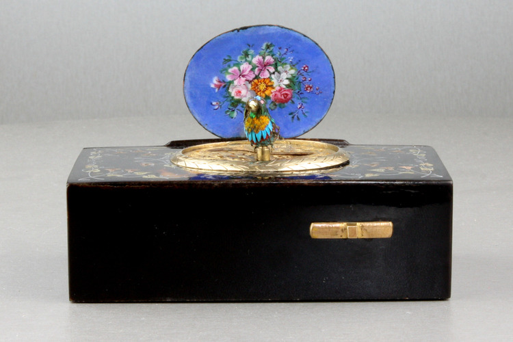 Antique inlaid tortoiseshell and pictorial enamel singing bird box, by Bontems