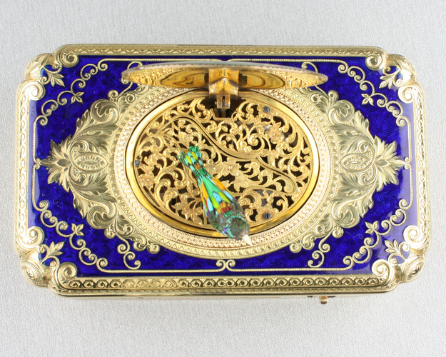 An exceptional exhibition gold, enamel and pictorial enamel Fusee singing bird box, by Jacques Bruguier