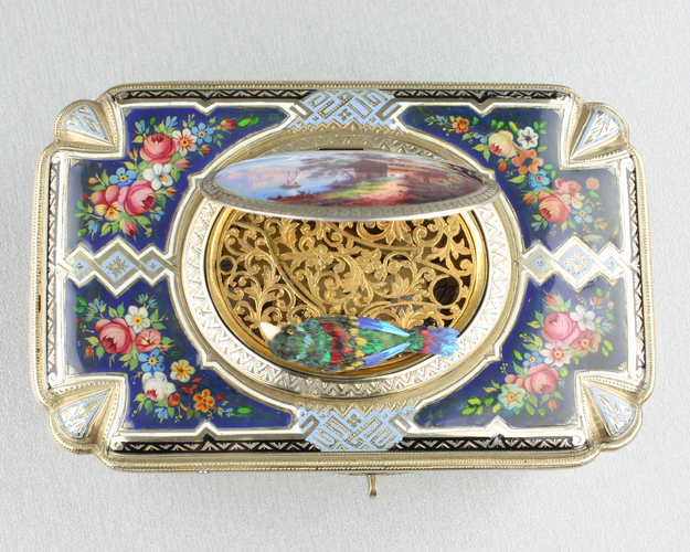 Antique silver-gilt and pictorial enamel Fusee singing bird box, by Charles Bruguier