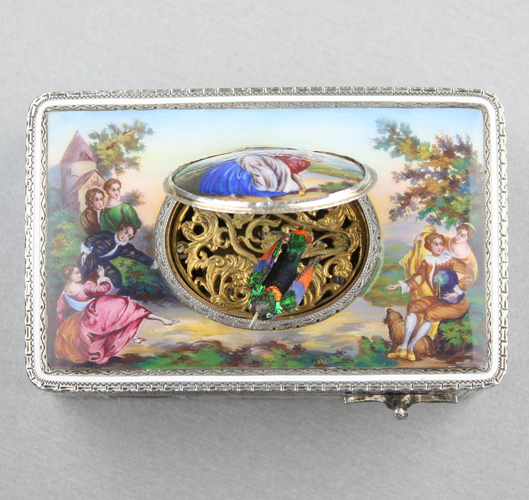 Silver-gilt and enamel singing bird box, by Karl Griesbaum (Raymy)