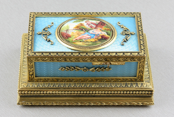 Powder blue guilloche and pictorial enamel singing bird box casket, by C. H. Marguerat