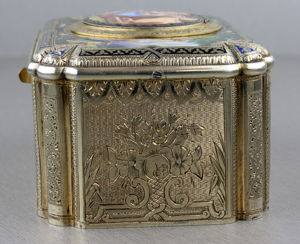 Antique tall-proportioned silver-gilt and full pictorial lidded singing bird box, by Charles Bruguier