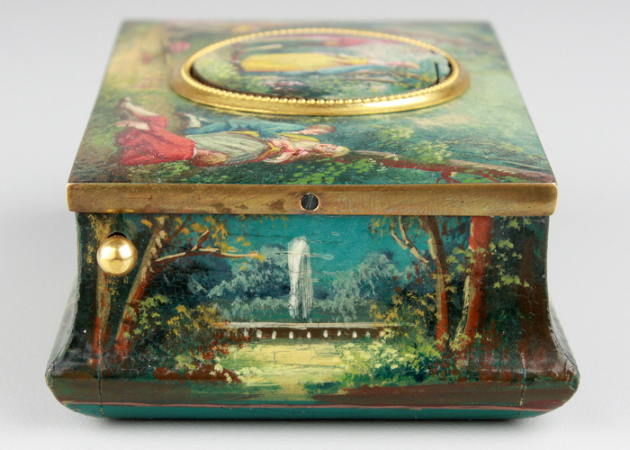 Antique silver gilt and finely painted sarcophagus-form wooden singing bird box, by E. Flajoulot