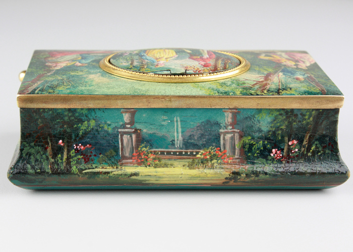 Antique silver gilt and finely painted sarcophagus-form wooden singing bird box, by E. Flajoulot