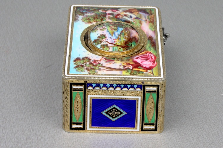 Antique silver-gilt and full painted enamel singing bird box, by Karl Griesbaum,