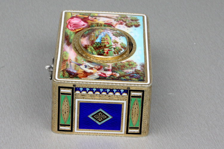 Antique silver-gilt and full painted enamel singing bird box, by Karl Griesbaum,