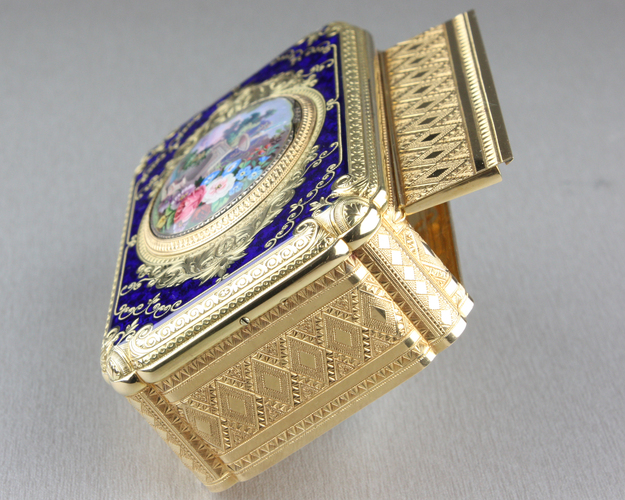 An exceptional exhibition gold, enamel and pictorial enamel Fusee singing bird box, by Jacques Bruguier