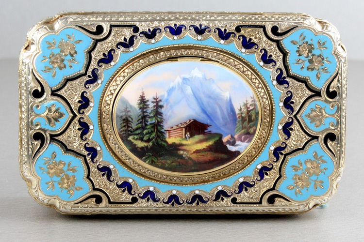 Antique tooled silver-gilt, enamel and pictorial enamel singing bird box, by Jacques Bruguier