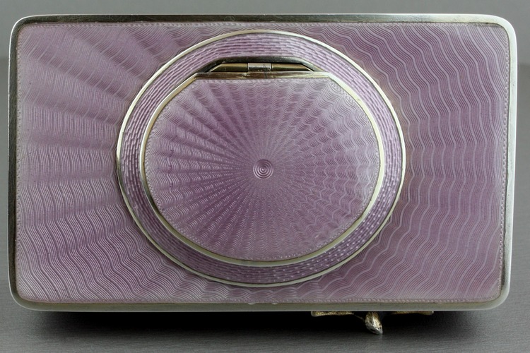 Silver and full lilac radial guilloche enamel singing bird box