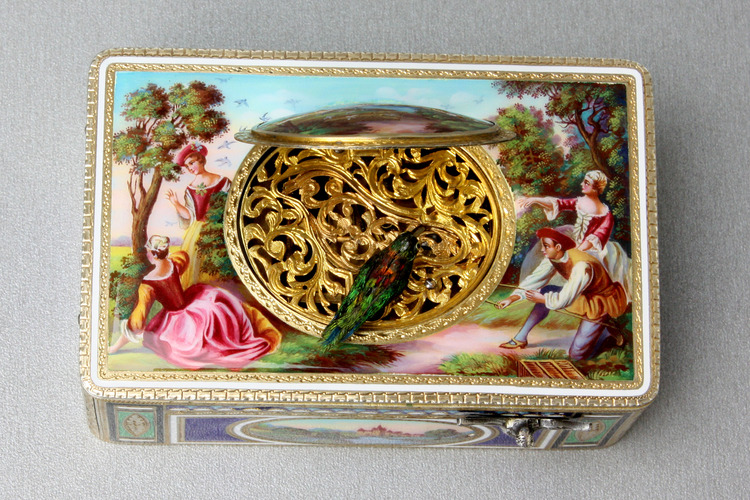 Antique silver-gilt and full painted enamel singing bird box, by Karl Griesbaum,