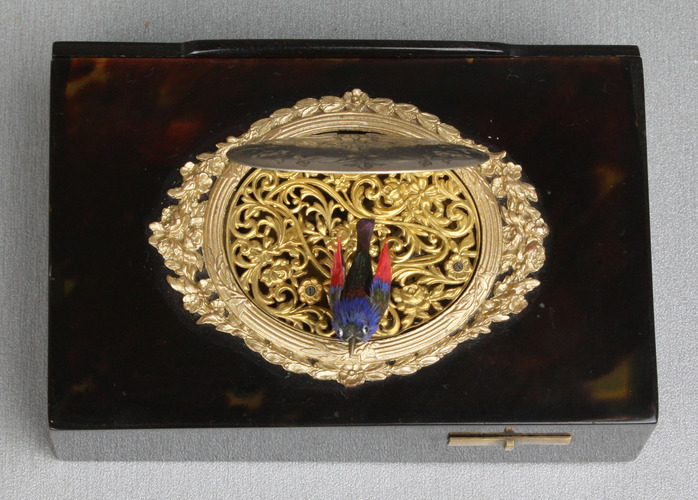 An antique tortoiseshell, silver and gilt metal singing bird box, by Raymy