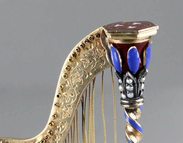 Gold, enamel and split seed pearl embellished musical harp with hidden scent bottle