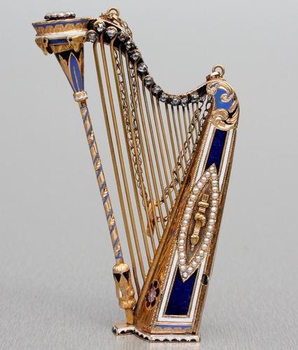 Gold, diamond, enamel and split seed pearl musical harp, by Bessiere & Schneider