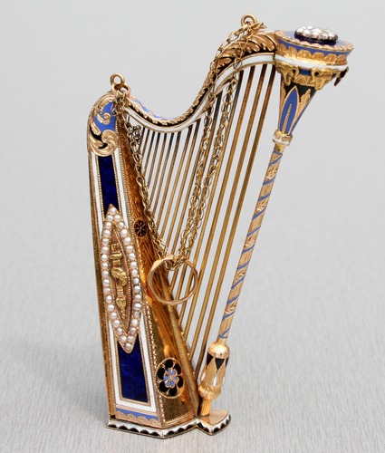 Gold, diamond, enamel and split seed pearl musical harp, by Bessiere & Schneider