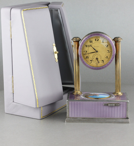 Vintage silver-gilt, guilloche lilac enamel and pictorial enamel timepiece alarm-actuated singing bird box, by C. H. Marguerat